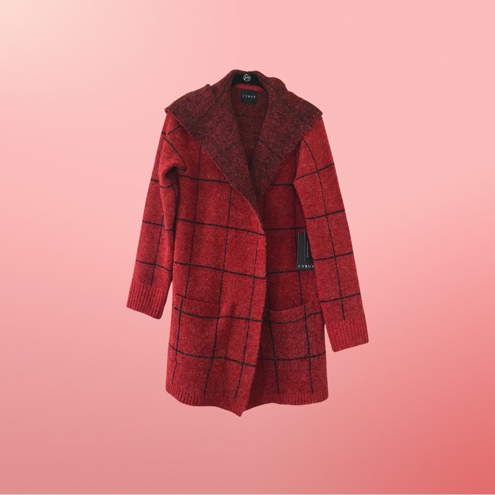 🆕 CYRUS Red & Black Windowpane Hooded Sweater Jacket
